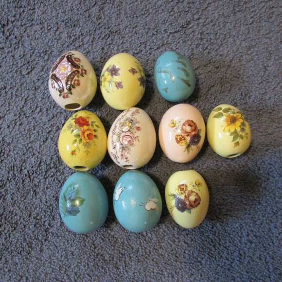 Set Of 10 Vintage Floral Porcelain Eggs & Rabbit Paper Mache Box Yellow Blue - Picture 2 of 3
